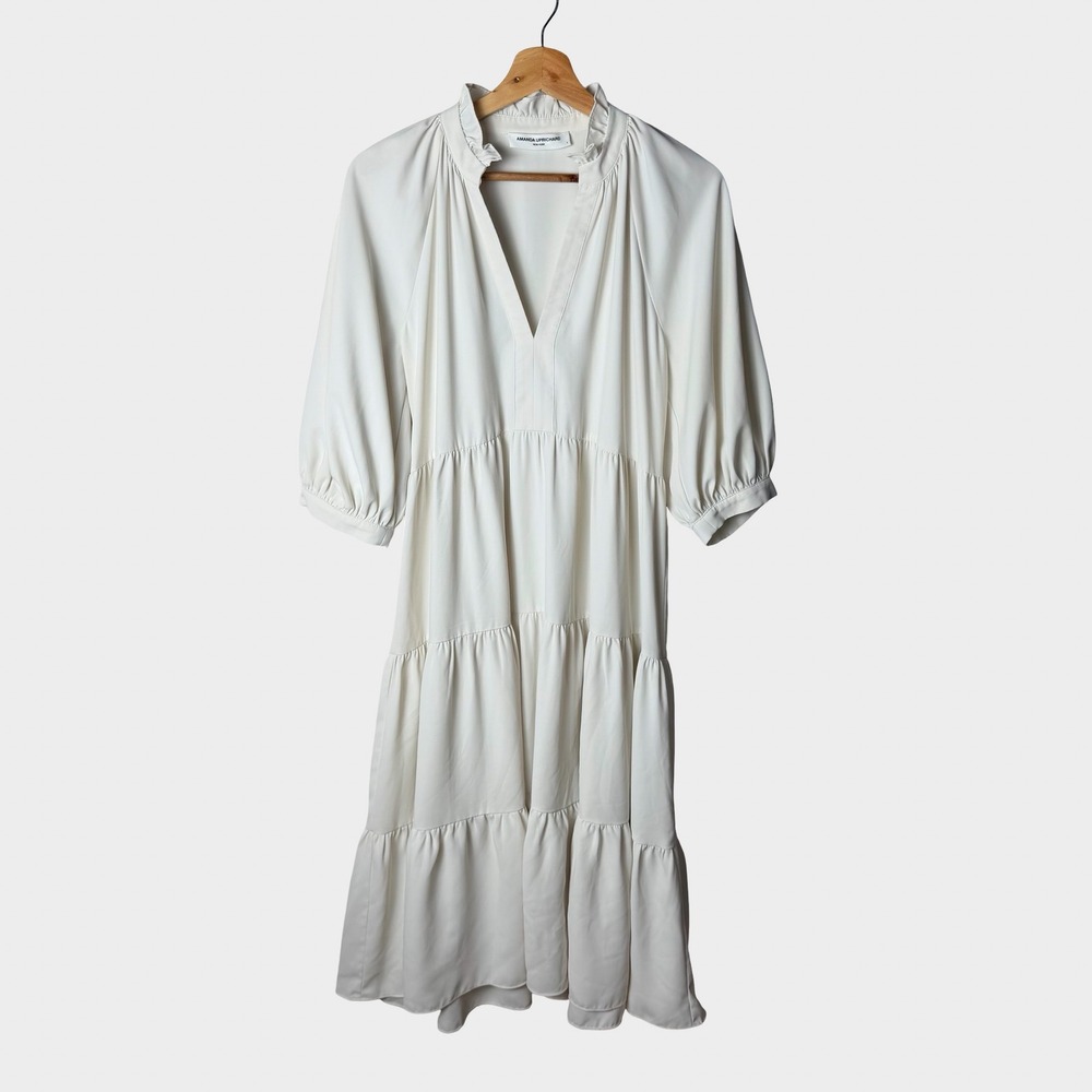 Amanda Uprichard Ivory Tiered Midi Dress Ruffle Neck Size S Coastal Minimalist - Picture 2 of 12